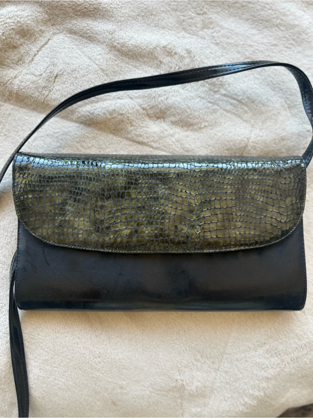Vintage  Black Shoulder Bag with Olive Croc-Texture Flap